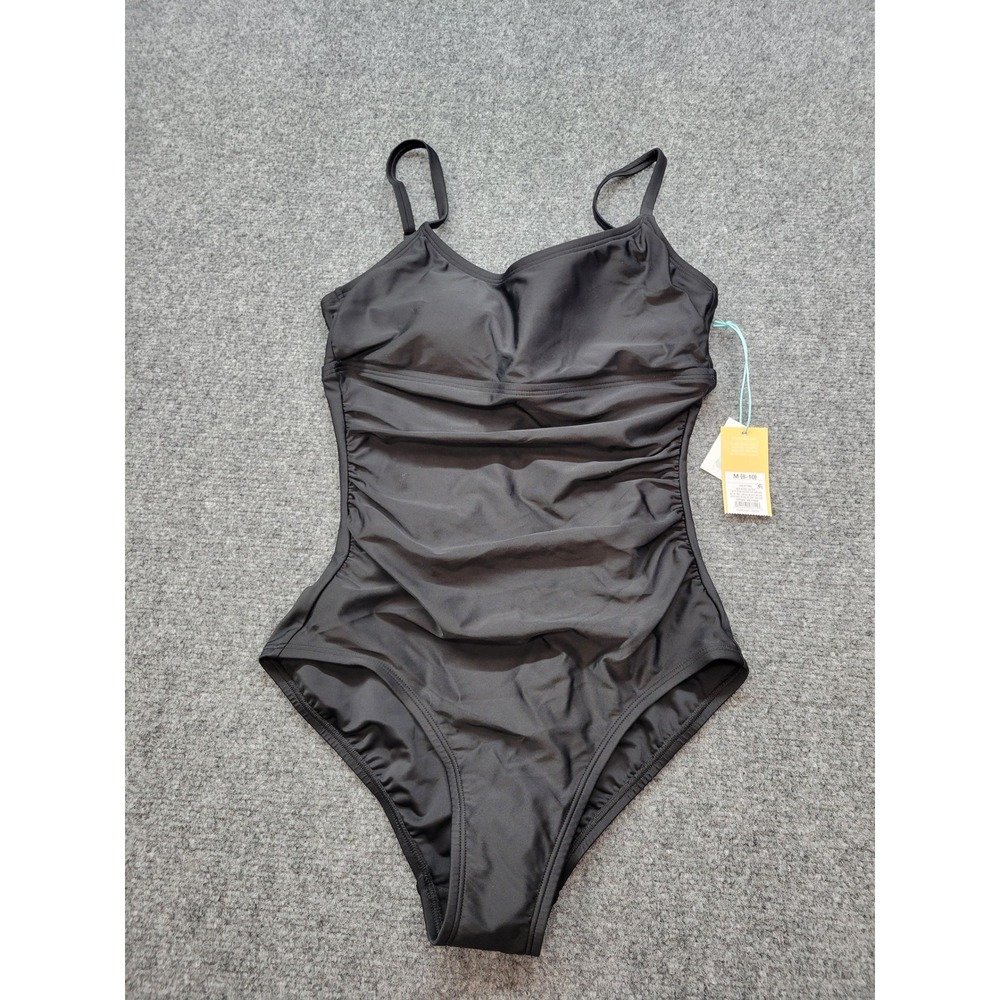 Kona Sol Black Ruched One Piece Swimsuit Adjustable Straps M 8-10 PID-3G1437